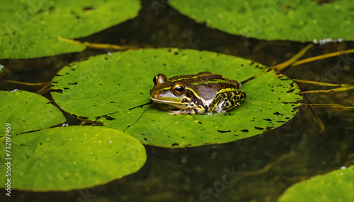 a frog on a leaf floating in the water