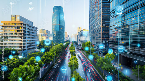 A digital overlay solutions IoT connected public services and clean transport in the future, energy-efficient buildings with eco-friendly tech on urban landscape. Smart city concept.