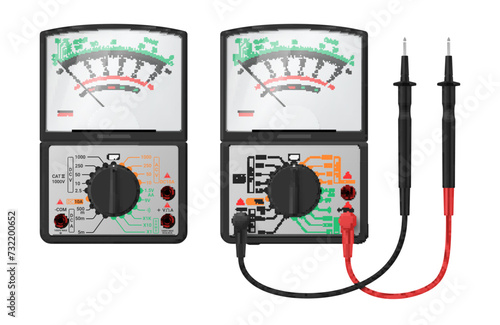 Pointer multimeter with probes and analogue arrow display set realistic vector illustration photo