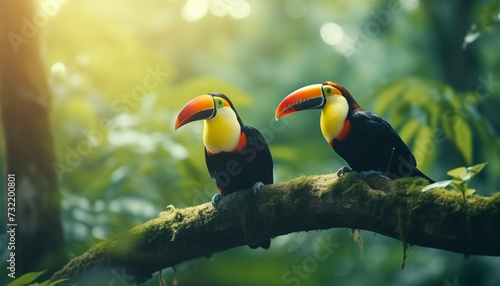 Toucan birds perched on branchwith blurred background of green vegetation. photo