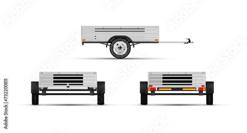 Single axle car trailer for cargo transportation side back front view set realistic vector