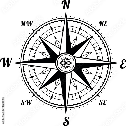 Vintage marine wind rose old compass for nautical direction navigation black vector flat