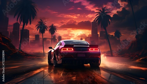 synthwave/vaporwave car on the road between palm trees, volumetric light, wide view © Pablo