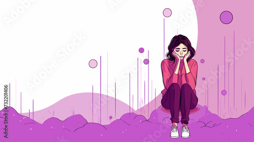 Abstract design of a woman surrounded by negative economic indicators  expressing the emotional turmoil and contemplation in times of financial distress. simple minimalist illustration creative
