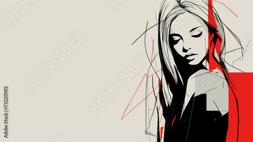 Abstract design of a woman surrounded by negative economic indicators  expressing the emotional turmoil and contemplation in times of financial distress. simple minimalist illustration creative