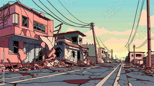 Vector art portraying the destructive aftermath of earthquakes with cracked surfaces and displaced structures  symbolizing the resilience needed in rebuilding communities. simple minimalist
