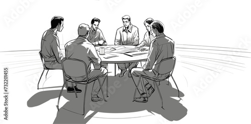 Vector art of a team huddle in a modern meeting pod  representing the emphasis on teamwork  communication  and adaptability in modern office settings. simple minimalist illustration creative