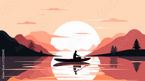 Geometric patterns forming a silhouette of a kayaker in a rapid  representing the rhythmic and harmonious interaction between paddler and river. simple minimalist illustration creative
