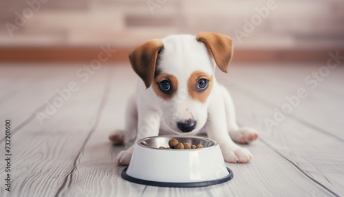 Adorable puppy eating from a white bowl in stylish modern home interior