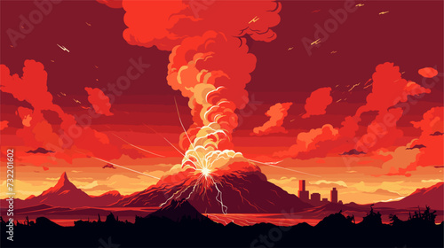 Minimalist scene with silhouettes of volcanic-resistant structures and evacuation routes against erupting lava  symbolizing the importance of resilient infrastructure in volcanic regions. simple