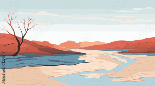 Digital graphic featuring a riverbank eroding under flood conditions  illustrating the environmental changes and erosion associated with floods. simple minimalist illustration creative