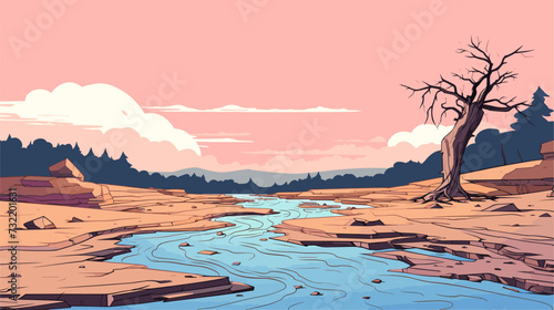 Digital graphic featuring a riverbank eroding under flood conditions  illustrating the environmental changes and erosion associated with floods. simple minimalist illustration creative
