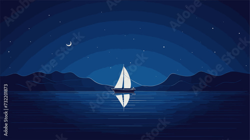 Minimalist scene of a sailboat under a starry sky portraying the enchanting and serene ambiance of sailing during a tranquil night at sea. simple minimalist illustration creative
