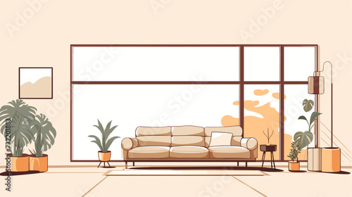 Illustration of a nature-inspired modern living room with large windows  indoor plants  and natural materials  creating a serene and refreshing contemporary living space. simple minimalist