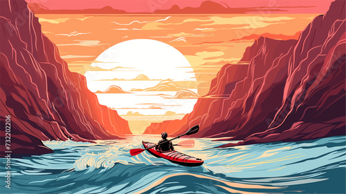 Digital graphic of a kayaker in a challenging waterfall descent  showcasing the daring spirit and thrill-seeking adventure of whitewater enthusiasts. simple minimalist illustration creative
