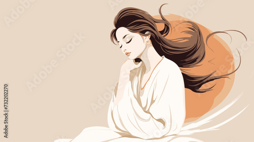 Illustration of a contemplative Chinese woman with flowing calligraphy strokes  embodying the connection between traditional arts and introspection. simple minimalist illustration creative