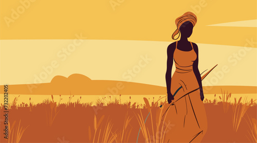 Vector graphic of an African woman engaged in agricultural activities  highlighting the integral role of women in sustaining communities and livelihoods. simple minimalist illustration creative