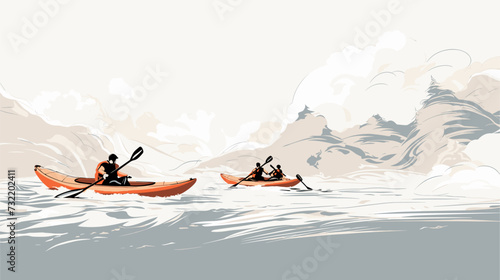 Minimalist scene of kayakers paddling through swirling rapids  conveying the harmony and teamwork required for successful whitewater navigation. simple minimalist illustration creative