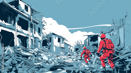 Vector illustration of emergency response and rescue efforts amidst earthquake debris  highlighting the human aspect and resilience in the face of natural disasters. simple minimalist illustration