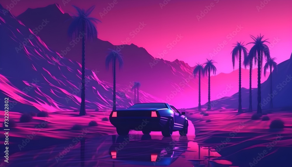 synthwave/vaporwave car on the road between palm trees, volumetric light, wide view