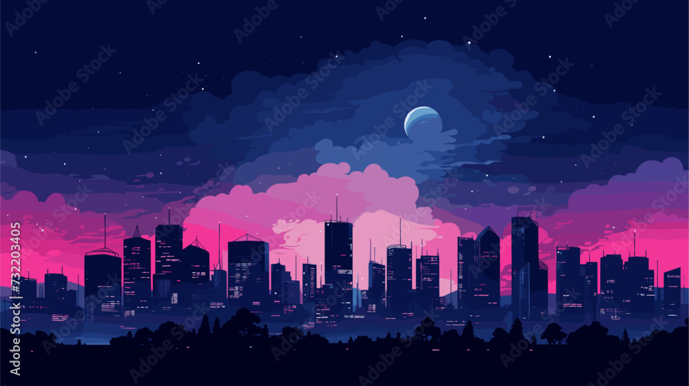 Digital graphic featuring a city at night with illuminated skyscrapers and city lights  showcasing the dynamic and cosmopolitan nature of a modern urban setting. simple minimalist illustration - obrazy, fototapety, plakaty 