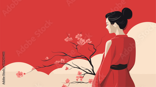 Vector illustration of a Chinese woman in elegant qipao  embodying grace and the cultural richness of traditional Chinese attire. simple minimalist illustration creative