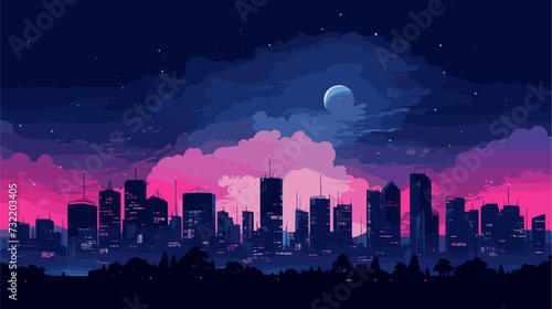 Digital graphic featuring a city at night with illuminated skyscrapers and city lights  showcasing the dynamic and cosmopolitan nature of a modern urban setting. simple minimalist illustration