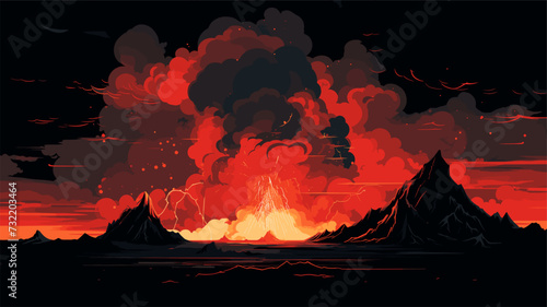 Vector art depicting the captivating beauty of lava fountains against a darkened sky  emphasizing the visual spectacle and artistic elements within volcanic eruptions. simple minimalist illustration