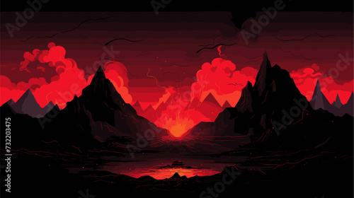 Vector art depicting the captivating beauty of lava fountains against a darkened sky  emphasizing the visual spectacle and artistic elements within volcanic eruptions. simple minimalist illustration