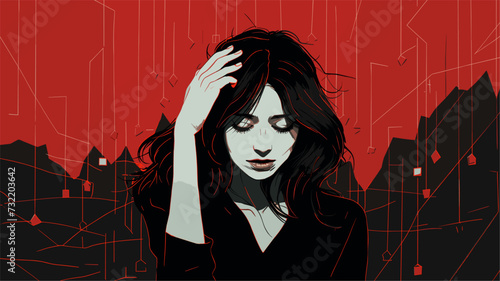Illustration of a depressed woman with downturned financial charts as shadows  depicting the mental anguish associated with investment setbacks. simple minimalist illustration creative