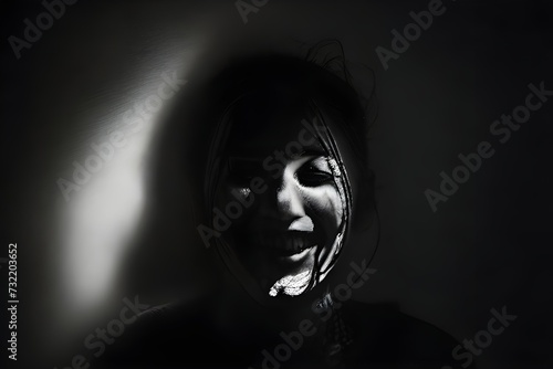 Isolated in suffocating darkness, adorned with a fake smile. Subtle cues reveal the stark contrast between external facade and internal turmoil. A poignant portrayal of profound loneliness. Ideal for 