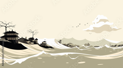 Digital graphic featuring a stylized representation of a coastal area inundated by a tsunami  illustrating the meteorological and seismic aspects leading to these destructive oceanic events. simple