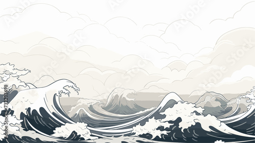 Digital graphic featuring a stylized representation of a coastal area inundated by a tsunami  illustrating the meteorological and seismic aspects leading to these destructive oceanic events. simple