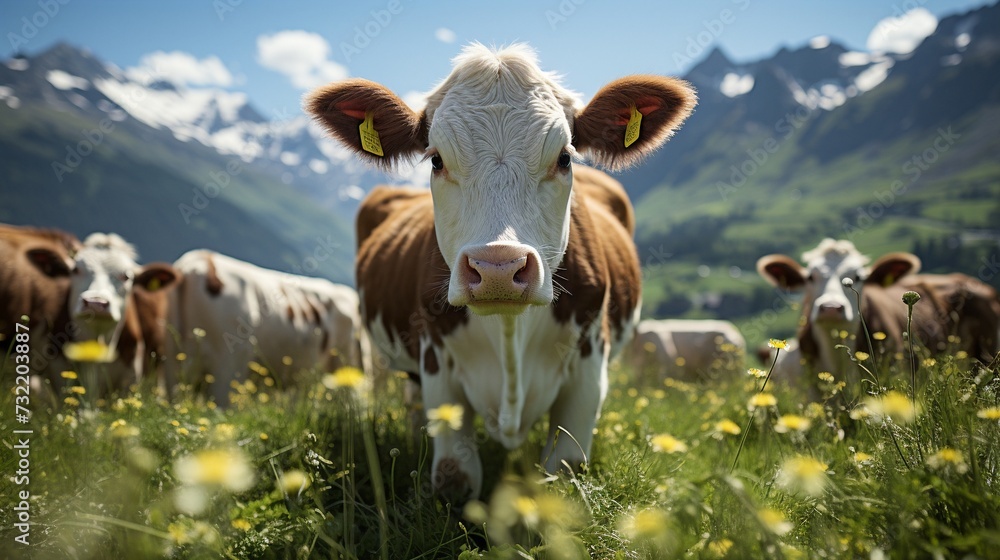Cows graze peacefully in a lush green farm, mountain behind