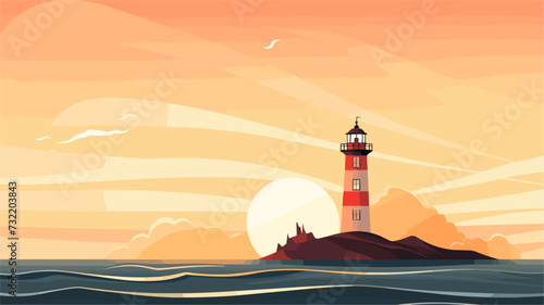 Geometric patterns forming a silhouette of a lighthouse beaming light symbolizing motivation as a guiding force through challenges and uncertainties. simple minimalist illustration creative