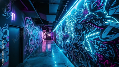 A graffiticovered wall transformed into an eyecatching mural with the addition of neon lettering and designs. photo
