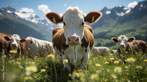 Cows graze peacefully in a lush green farm  mountain behind