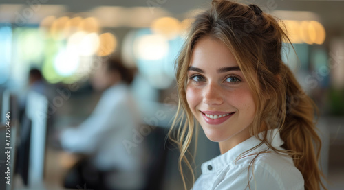A smiling professional woman in an office environment wearing a headset, portraying friendly customer service, ai generated