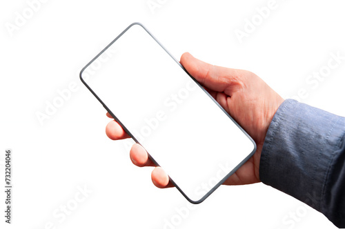 Big hand holding a smartphone, mockup template, isolated on white photo
