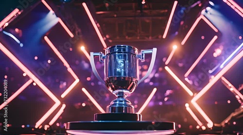 A gleaming winner’s trophy is prominently displayed on the stage of a championship arena, illuminated by the vibrant glow of fluorescent lights