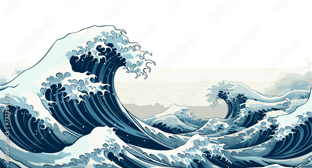 Digital graphic featuring a cross-section of a tsunami wave with detailed water dynamics  illustrating the hydrodynamic aspects within the core of a tsunami. simple minimalist illustration creative - obrazy, fototapety, plakaty 