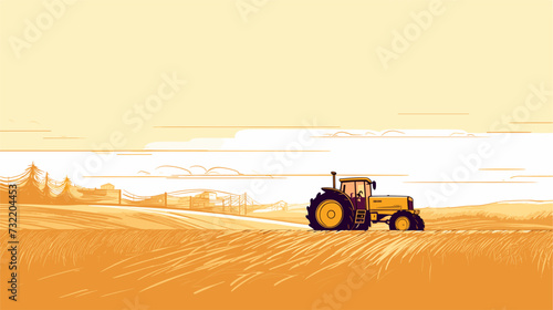 Digital graphic of a tractor harvesting crops under a golden sky  portraying the industrious and essential role of tractors in agricultural landscapes. simple minimalist illustration creative