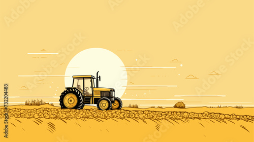 Digital graphic of a tractor harvesting crops under a golden sky  portraying the industrious and essential role of tractors in agricultural landscapes. simple minimalist illustration creative