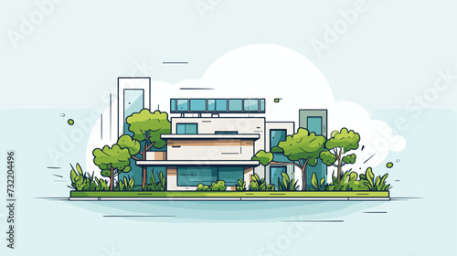 Digital graphic featuring an eco-friendly building with rooftop gardens and solar panels  showcasing the innovative and environmentally conscious aspects of green architecture. simple minimalist