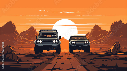 Off-road adventure illustration featuring rugged SUVs traversing diverse terrains  embodying the spirit of exploration and outdoor lifestyle. simple minimalist illustration creative