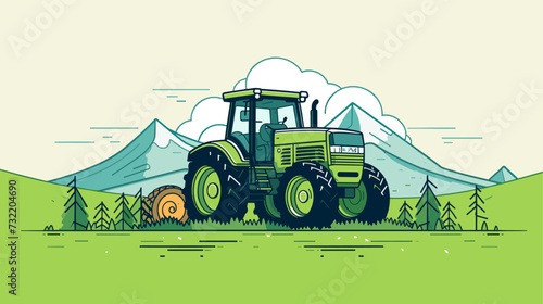 Digital design featuring a realistic tractor cultivating a rich  green landscape  highlighting the agricultural progress facilitated by advanced farming equipment. simple minimalist illustration