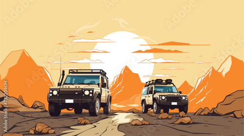 Off-road adventure illustration featuring rugged SUVs traversing diverse terrains  embodying the spirit of exploration and outdoor lifestyle. simple minimalist illustration creative © J.V.G. Ransika