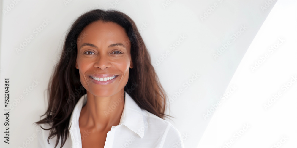 Professional portrait of woman in 40s with natural hair with smiling face, elegant african american beauty with smooth black ageless skin, older mature positive diverse health wellness selfcare Professional portrait of woman in 40s with natural hair with smiling face, elegant african american beauty with smooth black ageless skin, older mature positive diverse health wellness selfcare