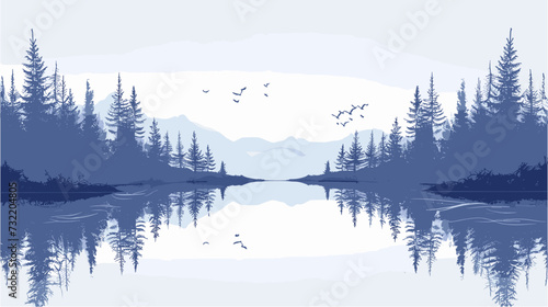 Peaceful riverside forest scene with a mirrored reflection in the water  symbolizing introspection and inner peace. simple minimalist illustration creative