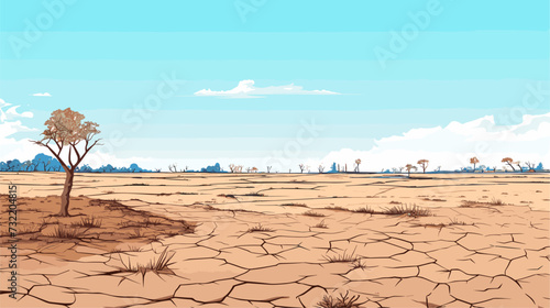 Minimalist scene with silhouettes of structures against a desolate landscape affected by drought  symbolizing the long-lasting threat and hardships posed by water scarcity. simple minimalist